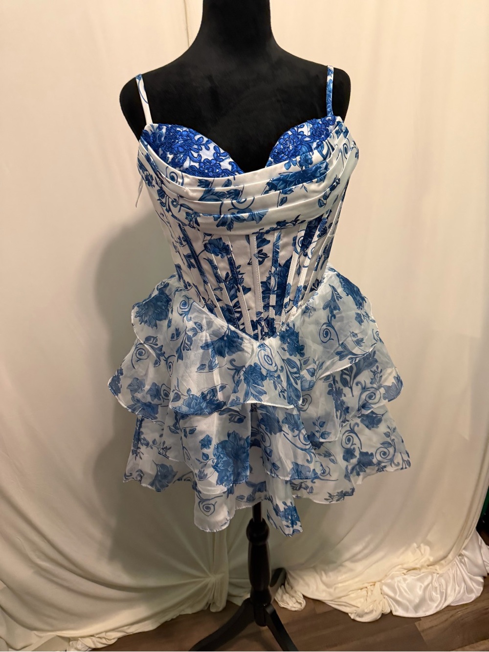 Blue and White Floral Ruffled Dress